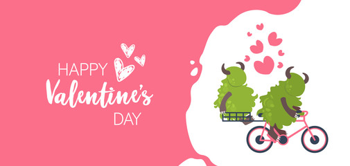 cute green monster riding bicycle carrying girlfriend happy valentines day holiday celebration concept cartoon monsters in love horizontal greeting card flat