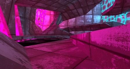 Abstract  Concrete Futuristic Sci-Fi interior With Pink And Blue Glowing Neon Tubes . 3D illustration and rendering.