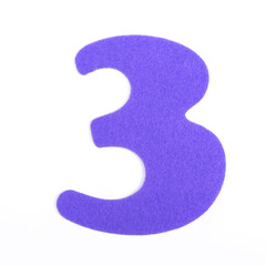 Sponge number three of purple sponge font isolated on white background