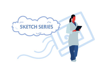 medical doctor woman holding clip board hospital worker in white uniform with stethoscope healthcare concept sketch doodle female character full length horizontal