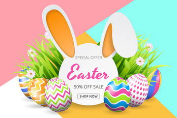 Happy easter sale background template with beautiful flowers, grass and eggs. Vector illustration
