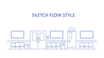 empty hospital clinic hall with seats and door empty no people corridor interior sketch doodle horizontal