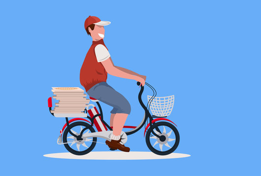 man courier cycling bicycle with pizza boxes fast food delivery service concept deliver riding bike blue background male cartoon character full length horizontal flat