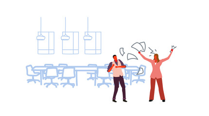 unsatisfied woman boss throwing papers documents screaming on frustrated man worker bad job concept angry employer shouting employee modern office interior sketch horizontal