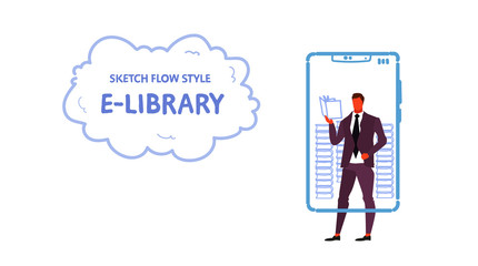 businessman using mobile app e-library concept business man reading ebook media book online library smartphone screen sketch doodle horizontal