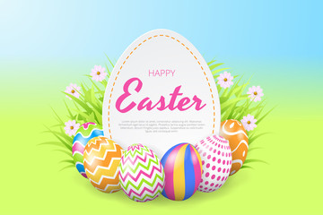 Happy easter background template with beautiful flowers, grass and eggs. Greeting Card. Vector illustration