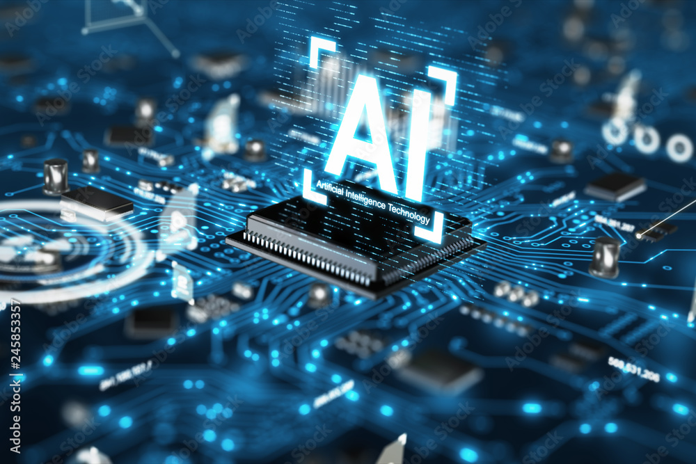 Poster 3d render ai artificial intelligence technology cpu central processor unit chipset on the printed ci