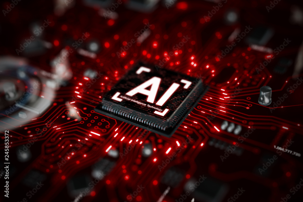 Poster 3d render ai artificial intelligence technology cpu central processor unit chipset on the printed ci