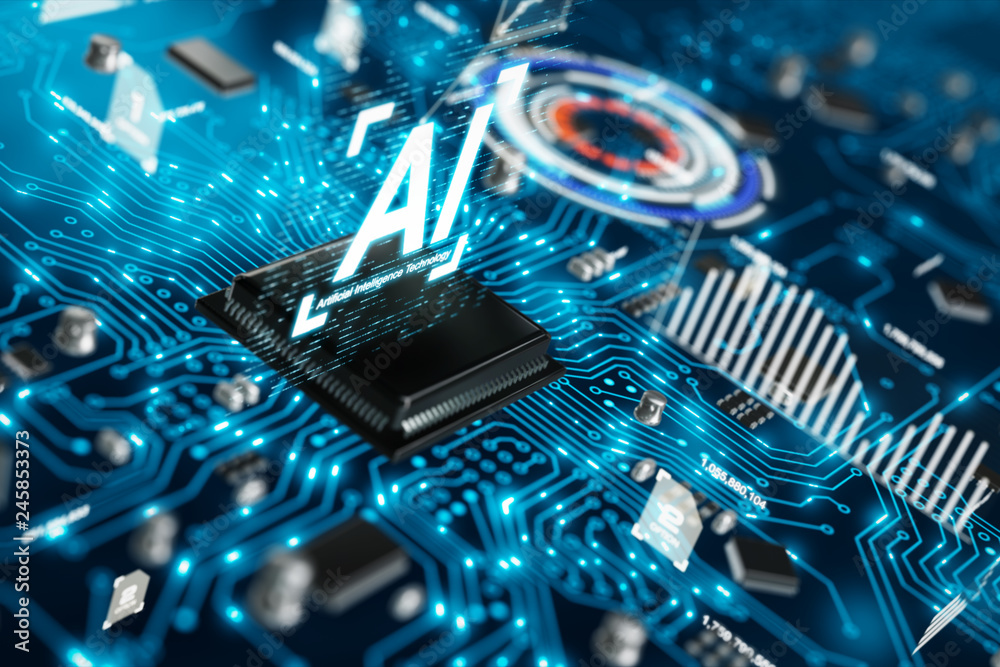 Poster 3d render ai artificial intelligence technology cpu central processor unit chipset on the printed ci