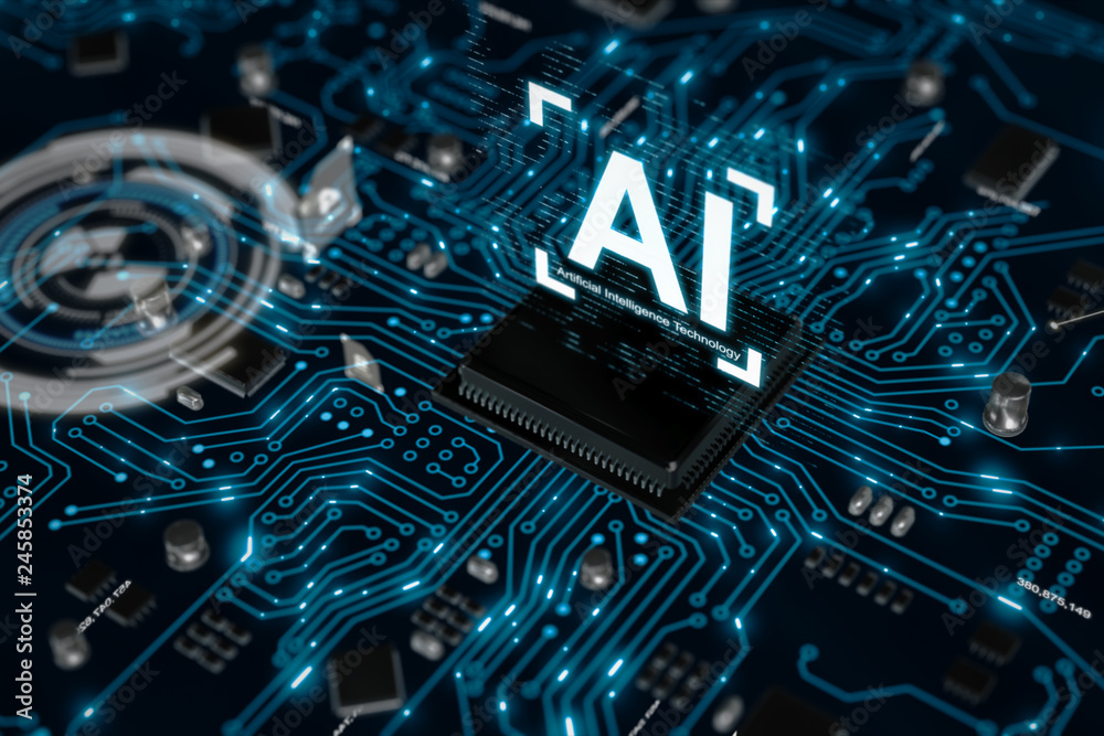 Poster 3d render ai artificial intelligence technology cpu central processor unit chipset on the printed ci