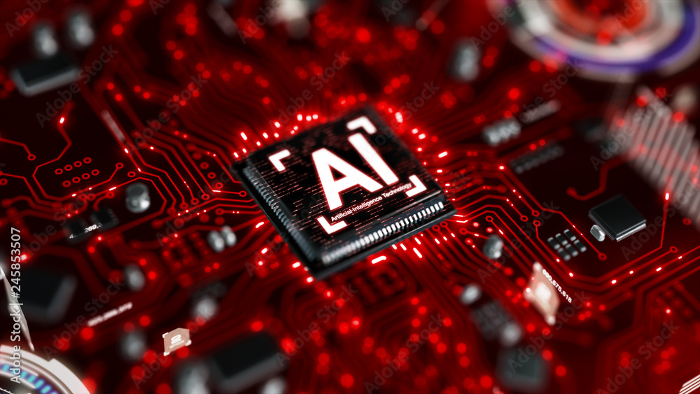 Poster 3d render ai artificial intelligence technology cpu central processor unit chipset on the printed ci