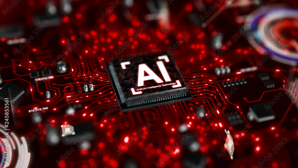 Poster 3d render ai artificial intelligence technology cpu central processor unit chipset on the printed ci