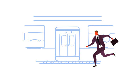 businessman running to catch train subway city public transport underground tram sketch doodle male cartoon character full length horizontal