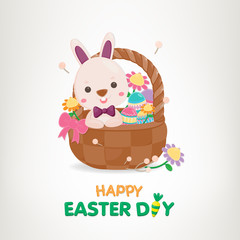 Happy easter day, White rabbit with colorful egges on white background. Greeting card for Easter day