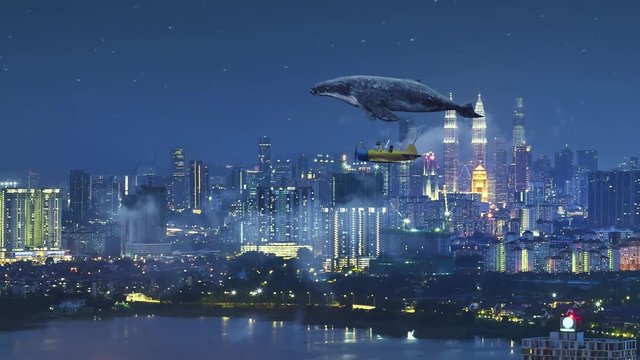 Travel concept. Whale floats in the air above the clouds carrying children in a yellow airplane.