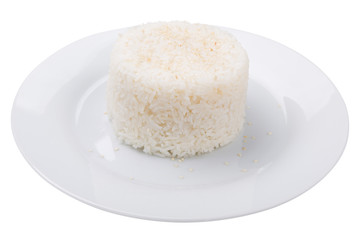 boiled rice laid out in the form of a cylinder, sprinkled with sesame, on a plate, on a white background