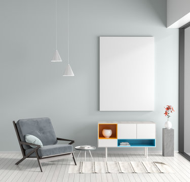 Mock up poster frame in Scandinavian style hipster interior. Minimalist modern room with armchair. 3D illustration.