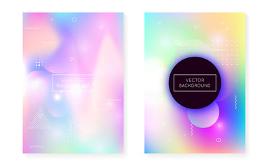 Liquid shapes cover with dynamic fluid. Holographic bauhaus gradient with memphis background.