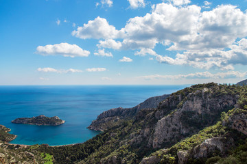 Beautiful seaside with island on the way to Karia in Turkey.