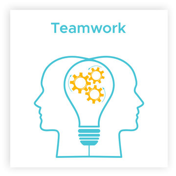 Heads silhouette lightbulb creative teamwork concept vector illustration. Blue human profile with bulb silhouette and orange cogwheel. Line head with gear mechanism creative team business concept