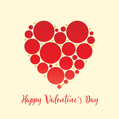 Valentine’s day decorated heart with red circles and hand lettering text Happy Valentine’s day. For greeting card, postcard, banner, poster, love creative concept, gift voucher, invitation