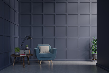 Blue armchair against dark blue wall with cabinet,table,lamp,book in living room interior with plants,3d rendering