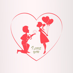 Illustration with silhouette of heart, boy on his knees and girls with balloons,
