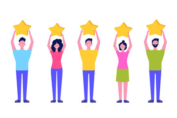 Customer review, Feedback consumer  flat style vector concept. People are holding stars.