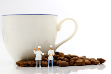 Miniature people: Group of chef standing with coffee bean and cup of coffee. Coffee time concept