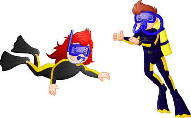 Cartoon style boy in diving swim suit