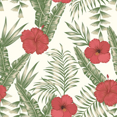 Tropical leaves and flowers seamless beige background