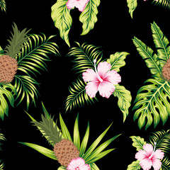 Tropical botanical seamless pattern exotic design black background