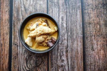 Close up of Thai chicken red curry with bamboo shoot. Thai food.