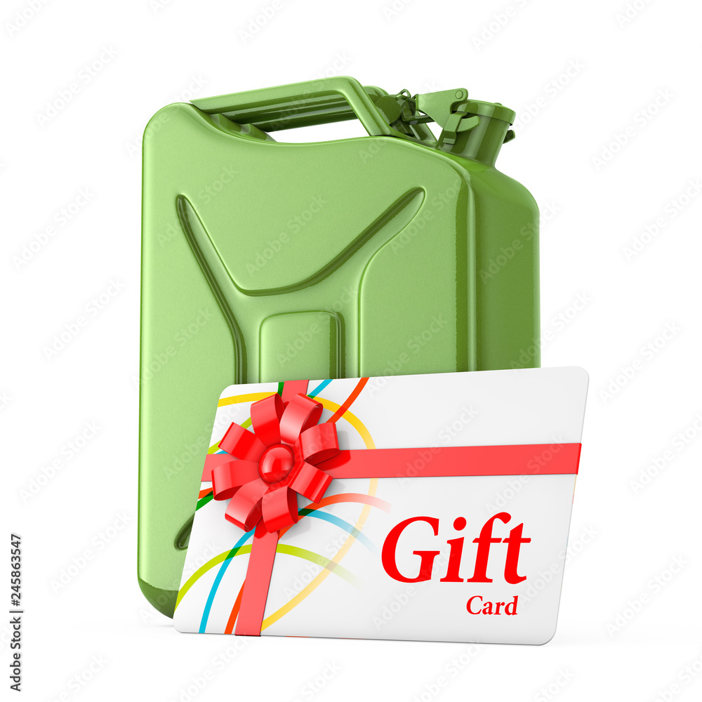 Poster gift card with red ribbon in front of red metal jerrycan. 3d rendering