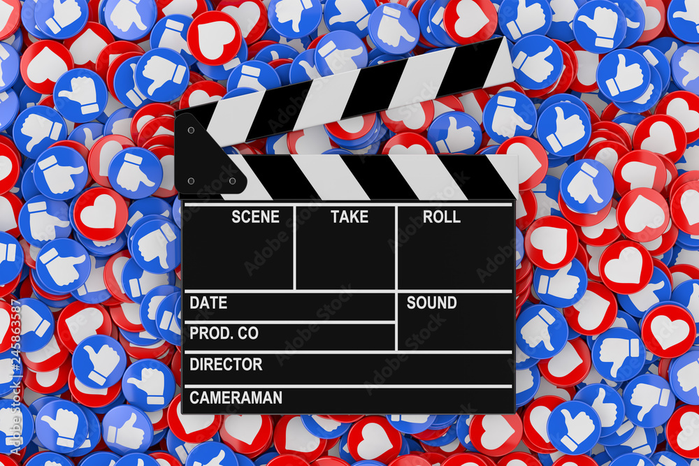 Poster cinema director clapper over heap of social media network love and like heart badges coins backgroun