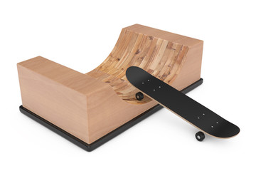 Modern Skateboard with Wooden Halfpipe Ramp. 3d Rendering