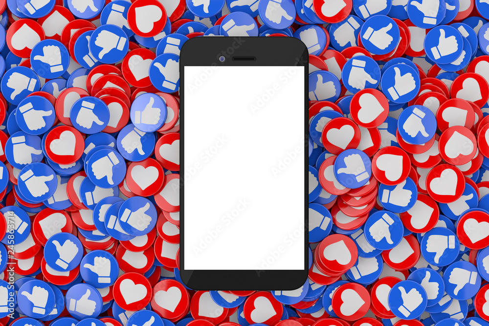 Poster mobile phone with blank screen over heap of social media network love and like heart badges coins ba