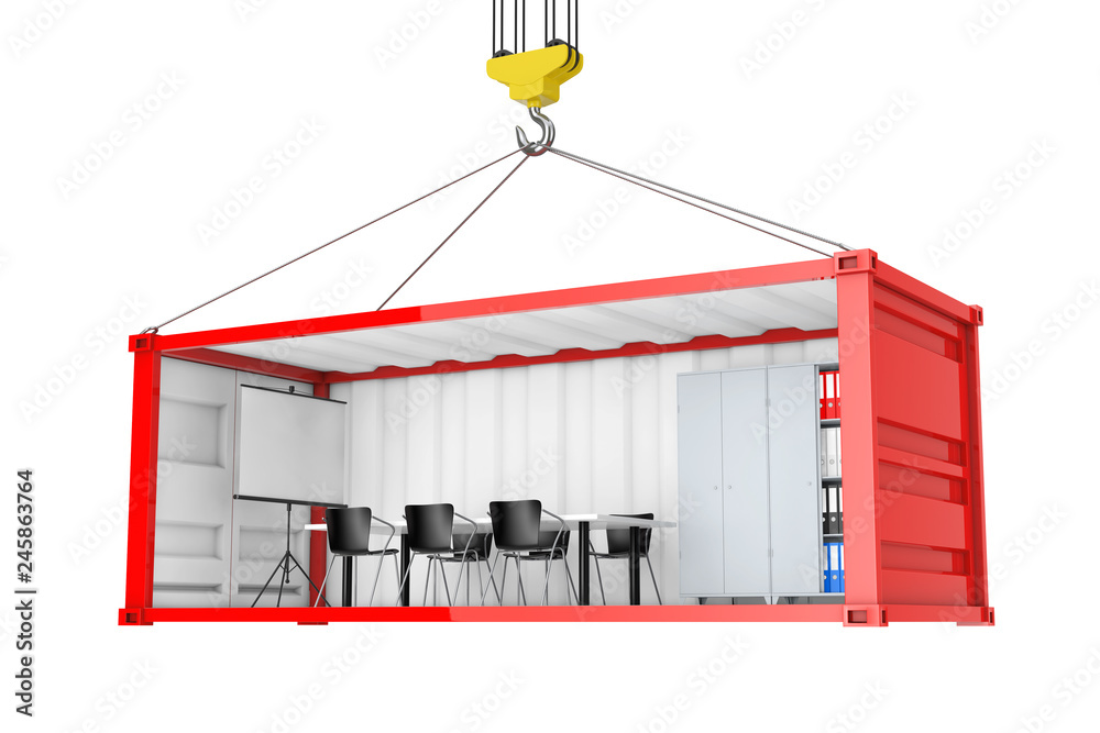 Aufkleber Red Cargo Shipping Container with Removed Side Wall Converted into an Office During Transportation with Crane Hook. 3d Rendering