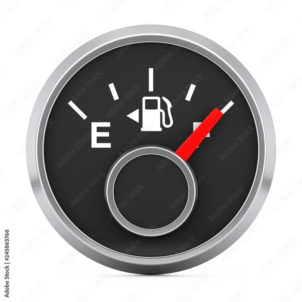 Poster fuel dashboard gauge showing a full tank. 3d rendering