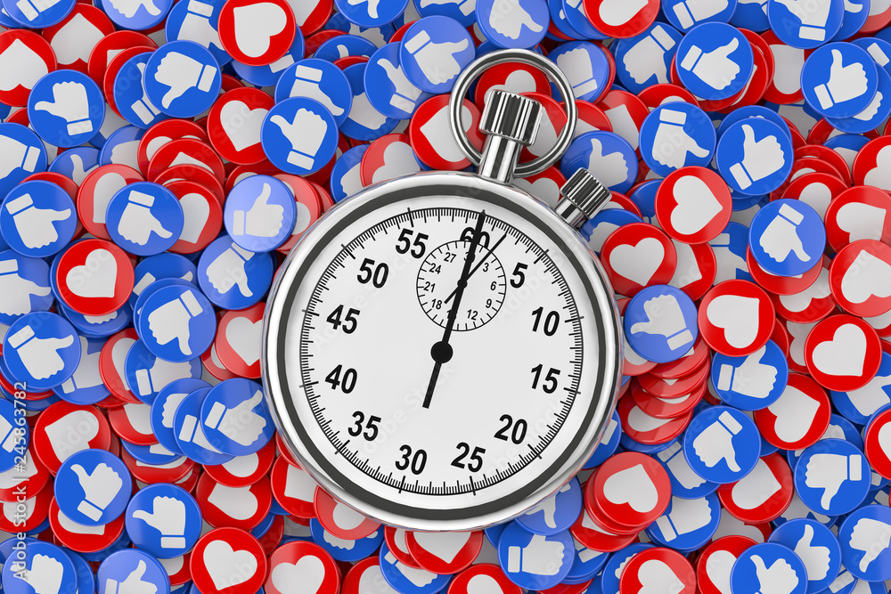 Aufkleber Chrome Stopwatch over Heap of Social Media Network Love and Like Heart Badges Coins Background Texture. 3d Rendering