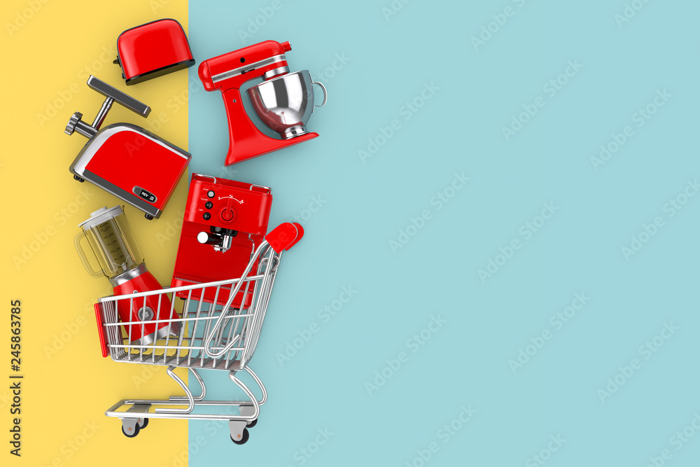 Wall mural many kitchen appliance falling in shopping cart. 3d rendering