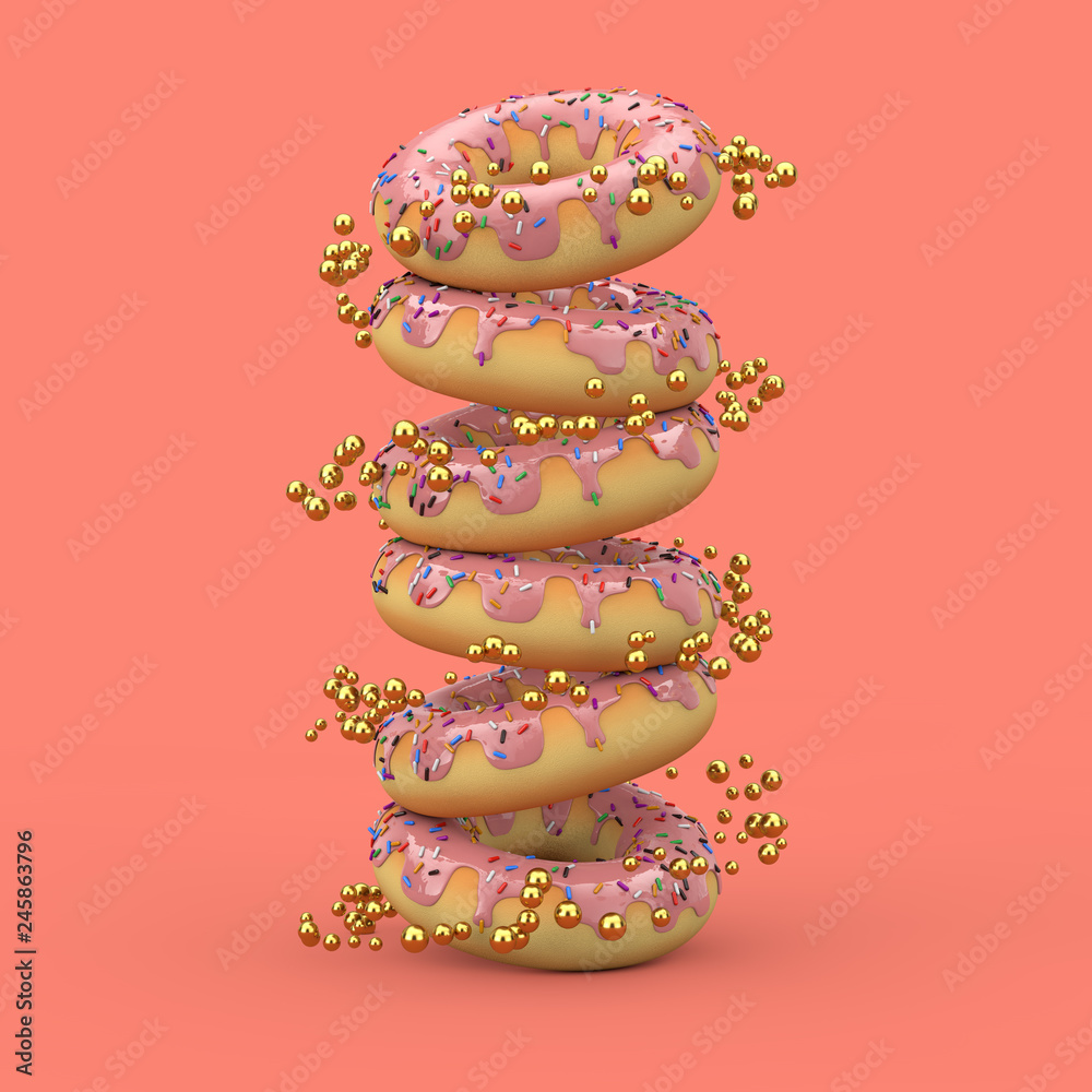 Poster big strawberry pink glazed donut with color sprinkles. 3d rendering