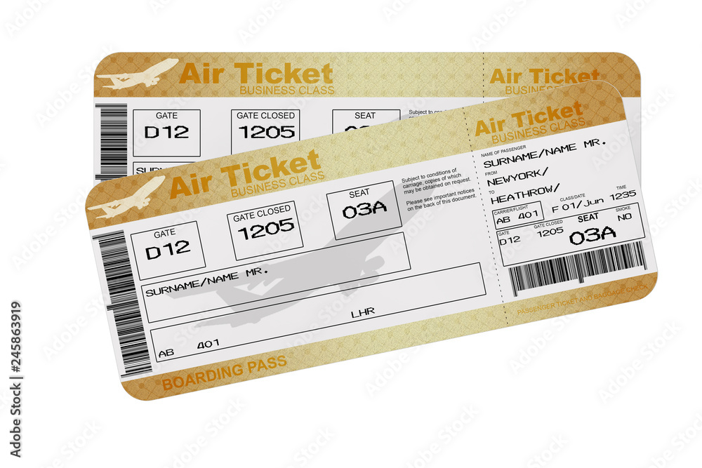 Poster golden business or first class airline boarding pass fly air tickets. 3d rendering