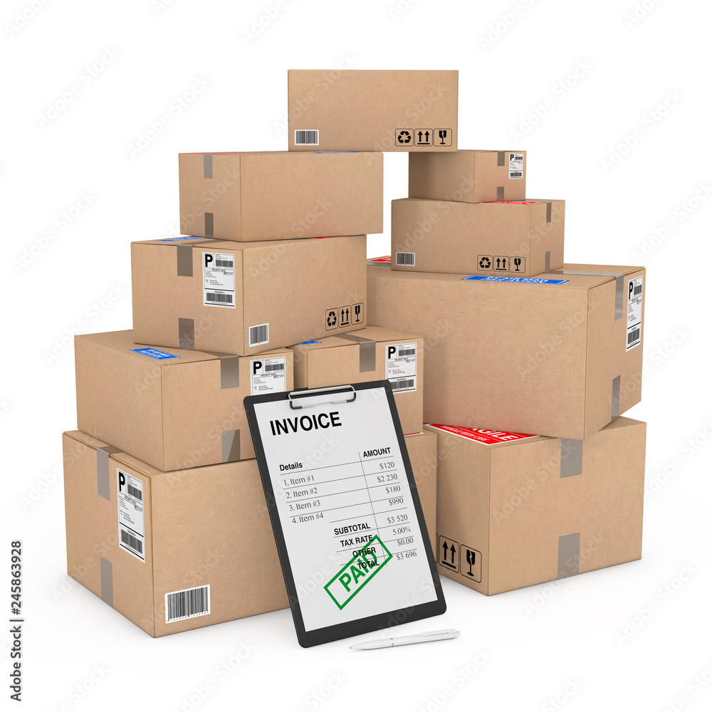 Aufkleber Clipboard with Invoice Paper and Pen near Heap Boxes of Goods. 3d Rendering
