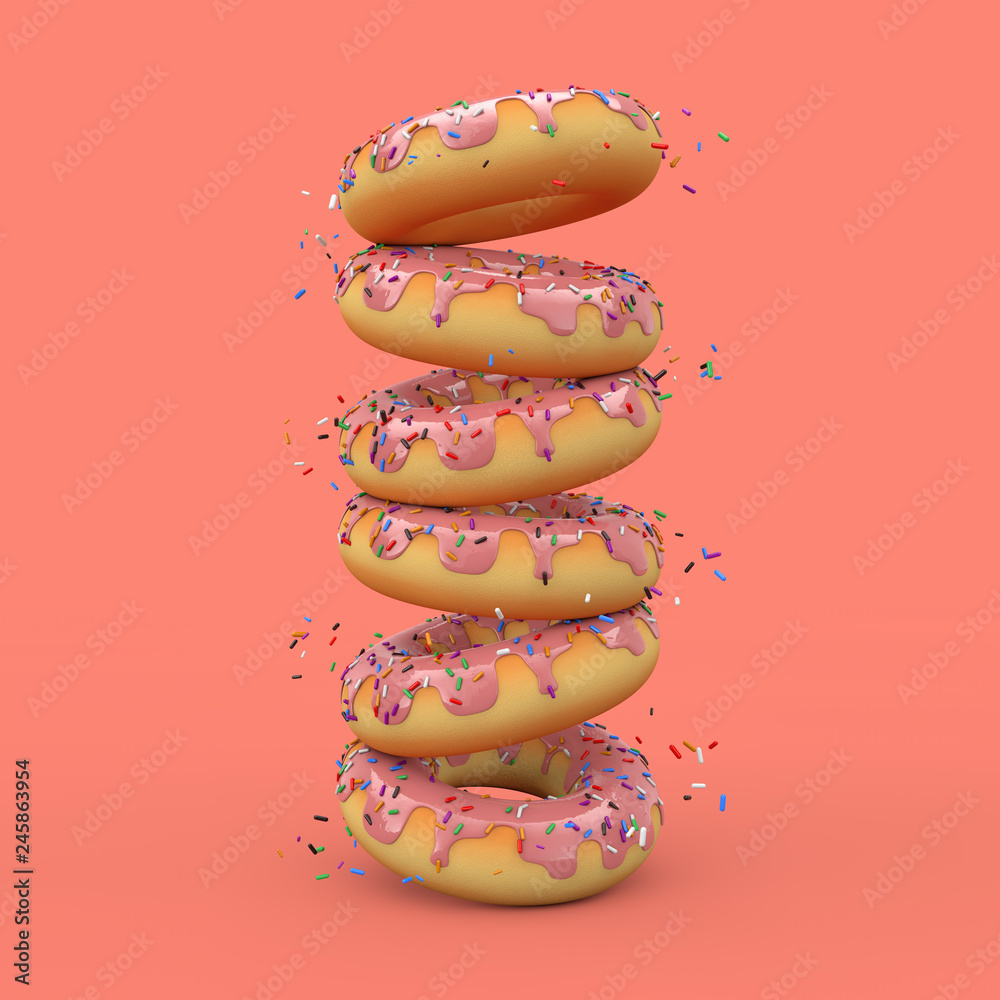 Poster big strawberry pink glazed donut with color sprinkles. 3d rendering
