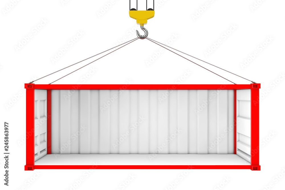 Aufkleber Empty Red Shipping Container with Removed Side Wall During Transportation with Crane Hook. 3d Rendering