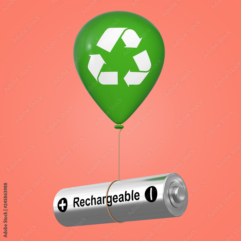 Aufkleber rechargeable battery floating with green hellium balloon with eco recycle sign. 3d rendering