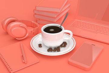Cofee Cup with Coffee Beans Begirt by Mobile Phone, Books, Laptop, Notepad and Headphones in Pink Key. 3d Rendering