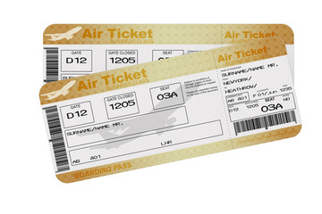 Golden Business or First Class Airline Boarding Pass Fly Air Tickets. 3d Rendering