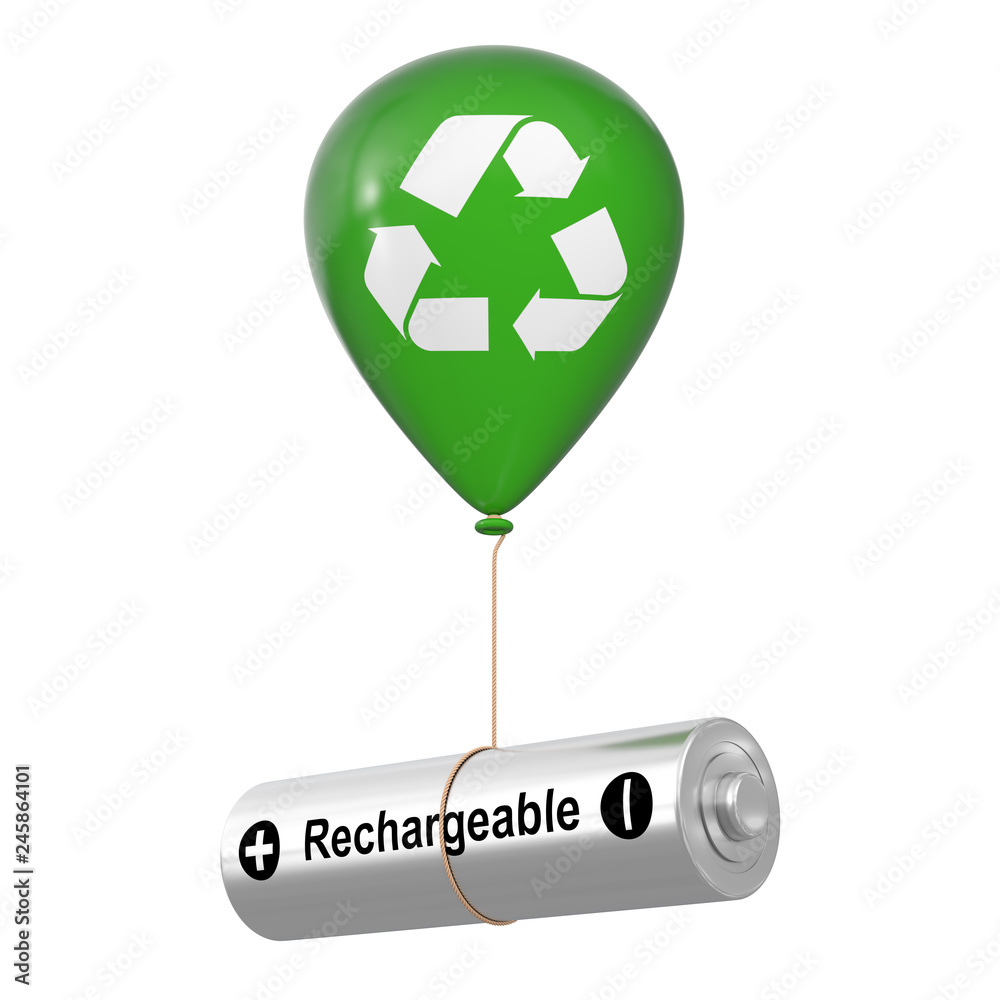 Poster rechargeable battery floating with green hellium balloon with eco recycle sign. 3d rendering